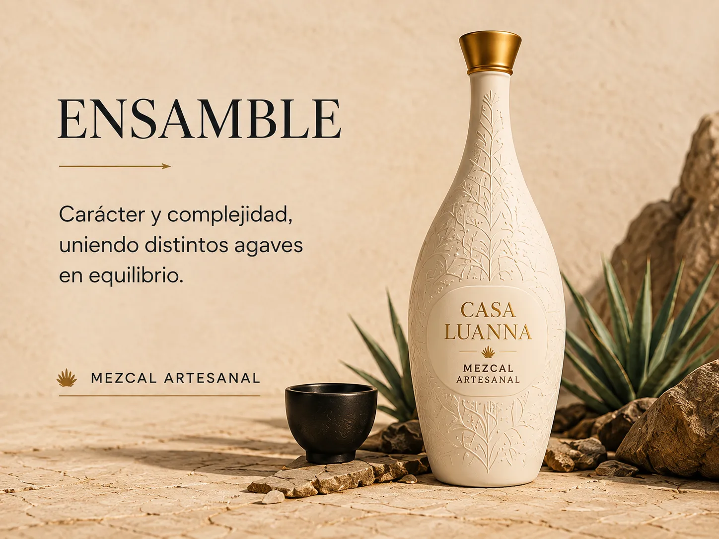 Botella color hueso Casa Luanna Ensamble, mezcal artesanal, con el texto: Carácter y complejidad, uniendo distintos agaves en equilibrio.