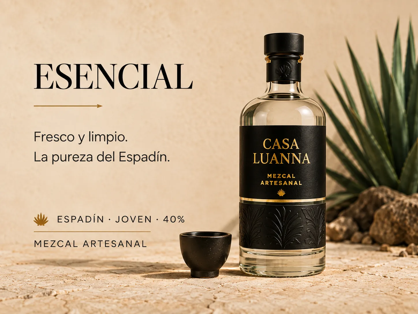 Botella transparente Casa Luanna Esencial, mezcal artesanal Espadín Joven 40%, con el texto: Fresco y limpio. La pureza del Espadín.