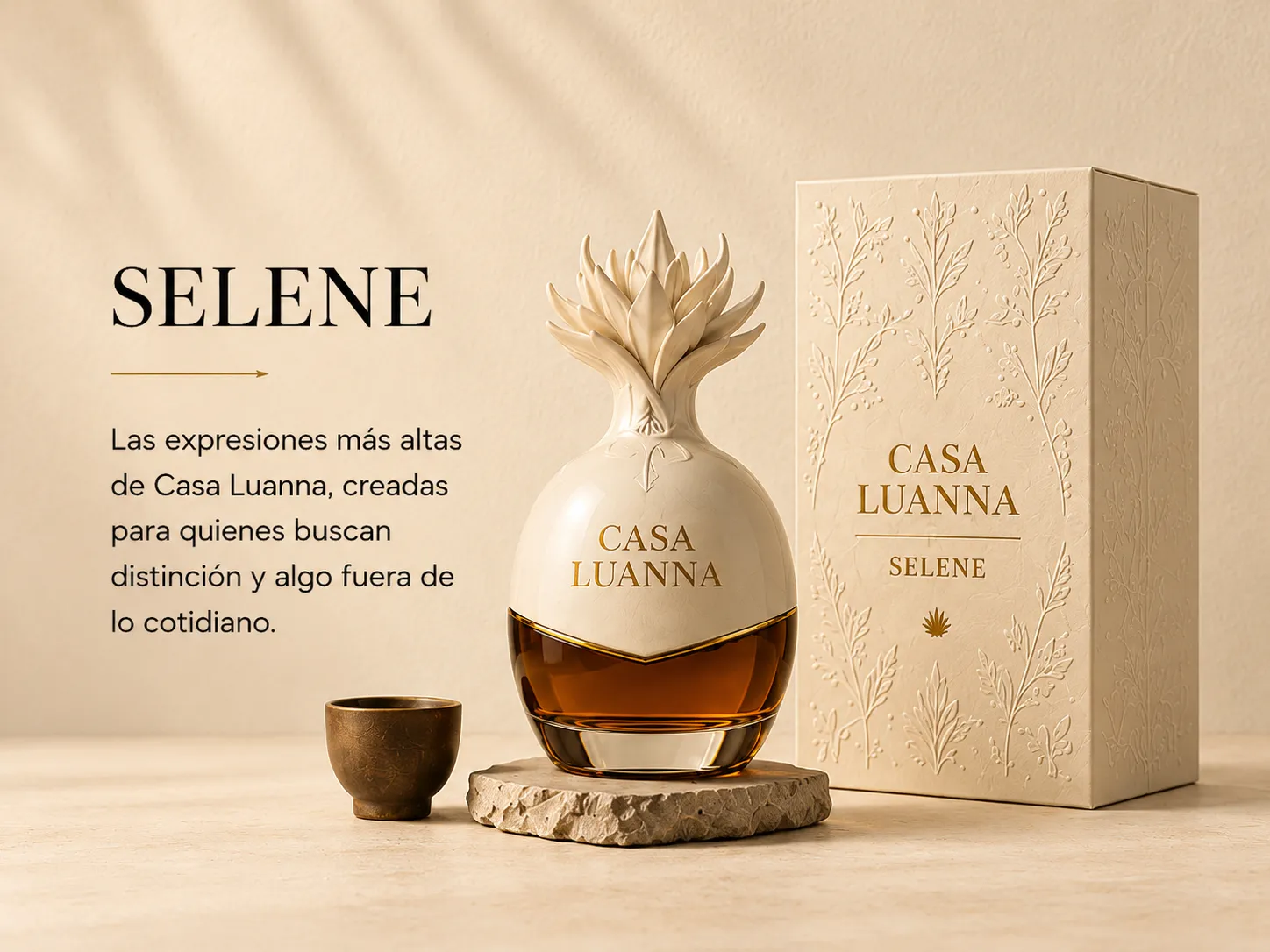 Botella color marfil escultórica Casa Luanna Selene junto a su caja de regalo color hueso grabada, con el texto: Las expresiones más altas de Casa Luanna, creadas para quienes buscan distinción y algo fuera de lo cotidiano.