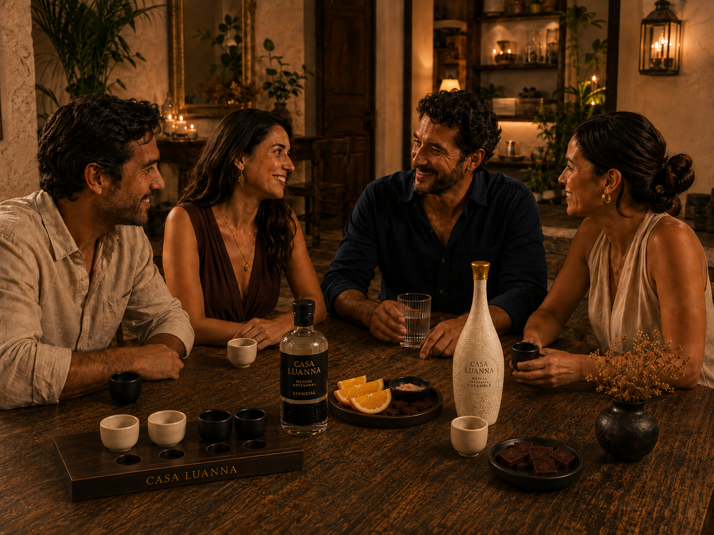 Cuatro personas conversan y sonríen alrededor de una mesa de madera, con dos botellas de mezcal Casa Luanna, pequeñas tazas de cerámica y frutas, en un interior cálido a la luz de las velas.