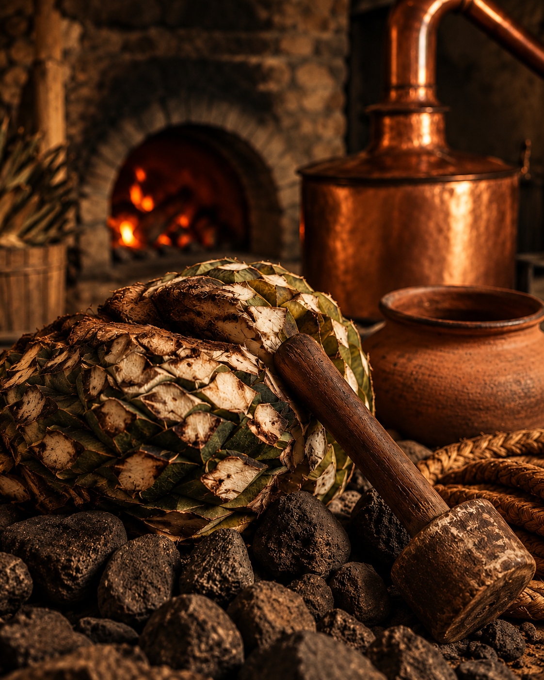 Piña de agave asada junto a un mazo, cuerda y un alambique de cobre frente a un horno de piedra con fuego.