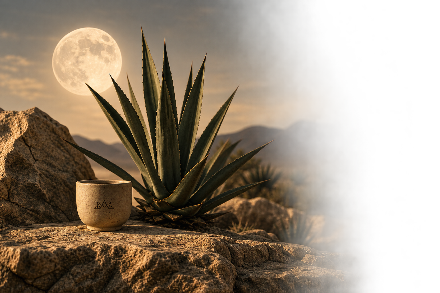 Luna llena sobre un agave, junto a una taza de barro sobre una roca.